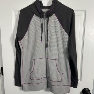 Eddie Bauer Gray/white knit zip front hoodie, purple trim, size large, fall